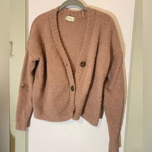 fuzzy pink cardigan